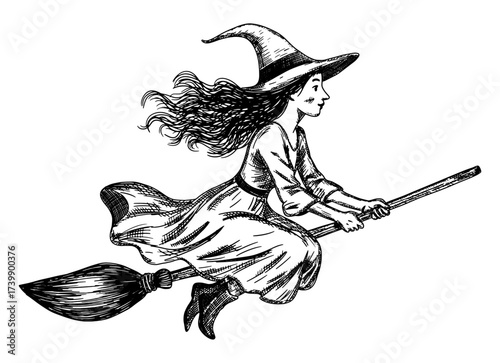 witch flying on broomstick isolated halloween magical fantasy hand drawn sketch card design element line art shading detailed vector illustration pointed hat