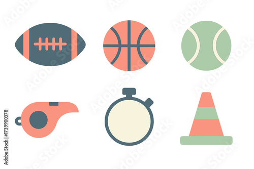Flat design set of sporting goods and training accessories: football, basketball, tennis ball, stopwatch, and cone