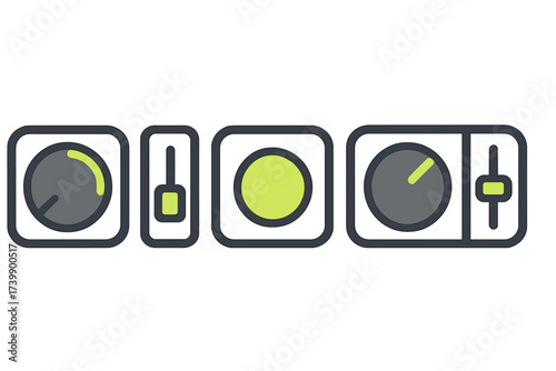 Collection of audio control elements featuring rotary knobs, vertical faders, and circular buttons