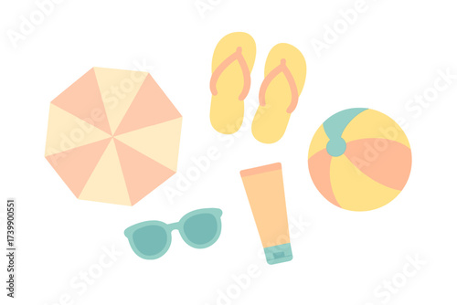 Summer vacation essentials flat lay with striped umbrella and beach ball