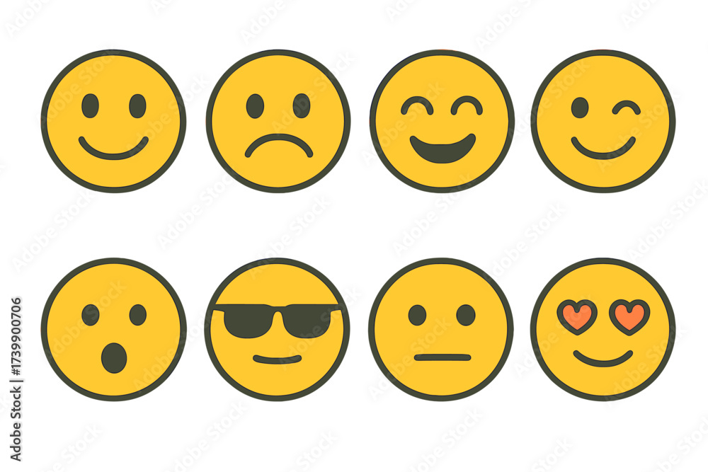 Fototapeta premium Set of eight yellow smiley faces expressing a wide range of human emotions