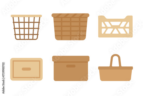 Various household storage containers including woven baskets, plastic crates, and cardboard boxes
