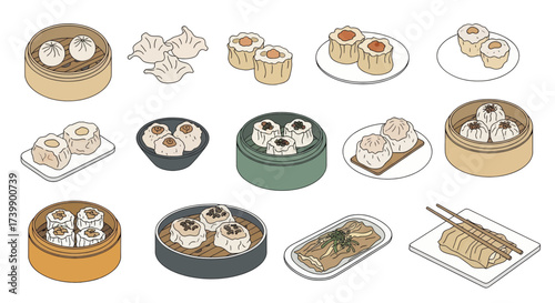 Isometric illustration set of various Chinese dim sum dishes.