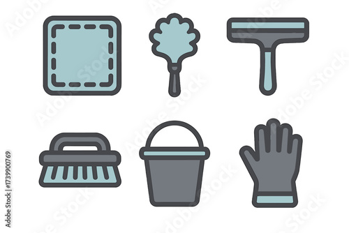 Essential household cleaning tools and equipment icons set