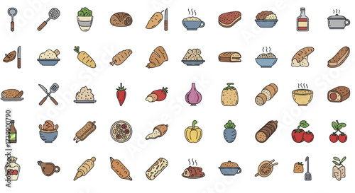 Large set of colorful food and cooking icons isolated on white background.