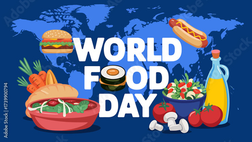 Vector art of world food day celebration with diverse food items like burgers, sushi, salads, and hot dogs against a world map background, promoting global food awareness and healthy eating