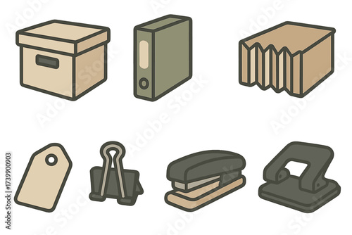 Isometric collection of office supplies: storage box, file folder, stapler, hole punch