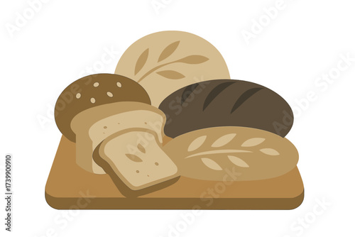 Variety of fresh baked goods including sliced loaf, dark rye, baguette, and rolls on a wooden cutting board