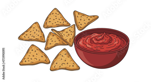 Mexican nachos tortilla chips with red salsa sauce dip isolated on white background.