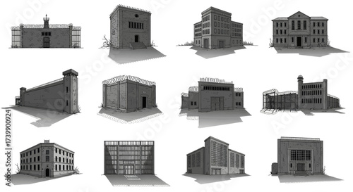 Set of various prison buildings handdrawn vector illustrations isolated on white background.
