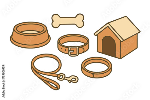 Isometric set of essential pet dog accessories including kennel, leash, collar, bowl, and bone toy