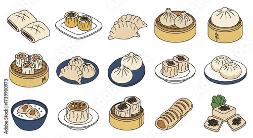 Isometric Illustration Set of Various Chinese Dim Sum Dishes 1.
