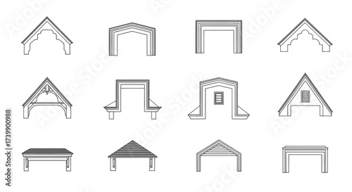 Set of various architectural roof gables and entrance canopies.