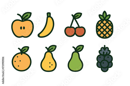 Wallpaper Mural Collection of eight colorful fruit icons: apple, banana, cherry, pineapple, and orange Torontodigital.ca