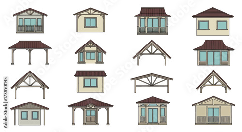 Set of various architectural building front elevation designs isolated on white background.