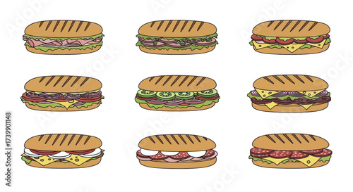 Set of nine different cartoon panini sandwiches illustration.