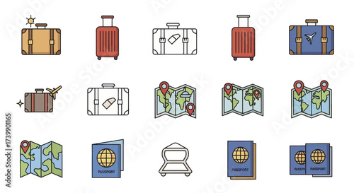Set of colorful travel icons for vacation and journey.