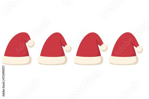 Row of four traditional red and white Santa Claus hats isolated on a clean white background