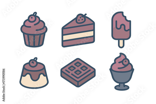 Sweet dessert treats including cake, cupcake, ice cream, waffle, and pudding