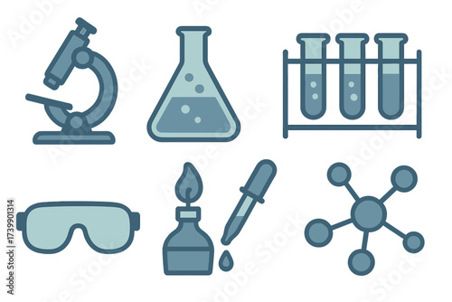 Essential science and chemistry laboratory equipment icons set