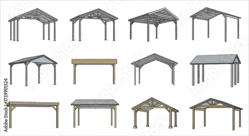 Vector Set of Different Carport and Outdoor Shelter Designs.