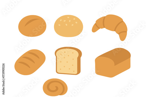 Set of fresh baked goods and bread items including rolls, loaf, and croissant