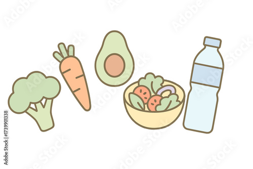 Healthy fresh vegetables, salad bowl, avocado, and water bottle for a balanced diet