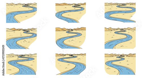 Set of nine cartoon illustrations of a winding river in a desert landscape.