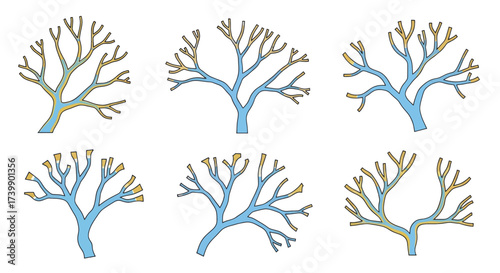 Set of six abstract branching diagrams illustrating fluid flow.