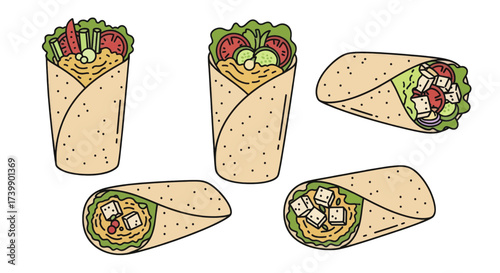 Set of delicious cartoon burritos and wraps with fresh vegetable fillings.