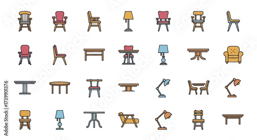 Set of colorful furniture icons chairs tables and lamps.