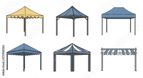Set of various outdoor event tents and canopies illustration.