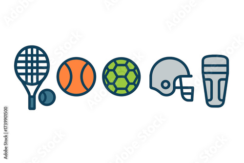 Colorful flat outline symbols of popular sports equipment and protective gear