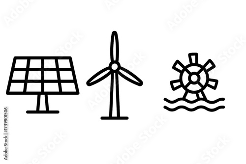 Outline symbols for sustainable energy generation: solar power, wind power, and hydropower