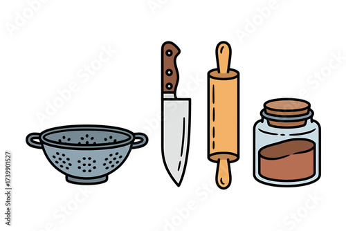 Kitchen Utensils Still Life Cartoon Vector Illustration Featuring Colander Knife Rolling Pin and Spice Jar for Culinary Projects