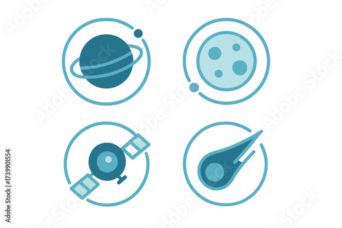 Astronomy and space exploration symbols: planet, moon, satellite, and comet