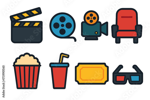 Colorful flat symbols representing essential elements of cinema and movie watching