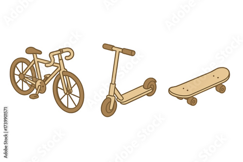 Bicycle, kick scooter, and skateboard representing urban personal mobility