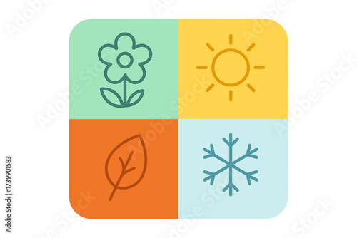 Four seasonal icons representing spring, summer, autumn, and winter