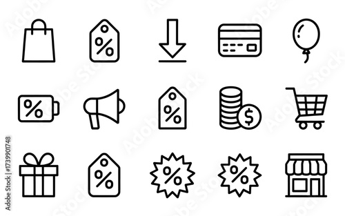 Online shopping icons vector set with retail elements promotion discount sale black line symbols representing commerce business and market strategy