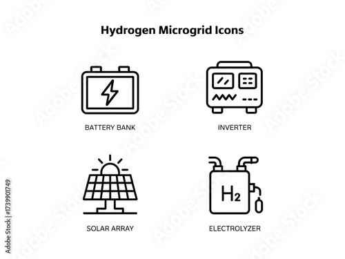 Hydrogen Microgrid Icons Set Depicting Battery Bank Inverter Solar Array and Electrolyzer for Sustainable Energy
