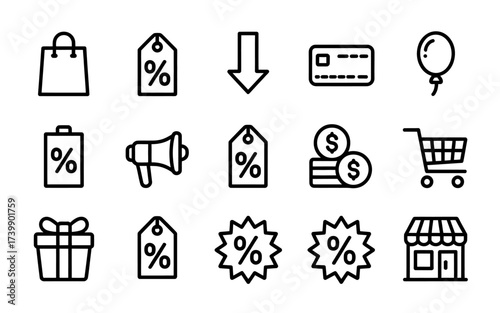 Shopping and retail icons set for ecommerce and marketing promotions featuring discounts and online payments options with cart and gift