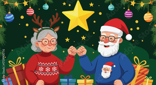 Cheerful cartoon illustration of an elderly couple celebrating Christmas, festive and joyful.