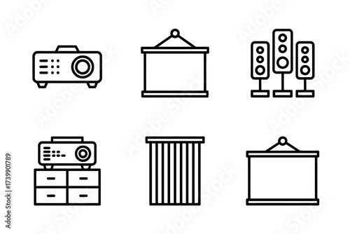 Audio Visual Equipment Presentation Set of Projector Screens and Sound System Line Art Icon for Office or Classroom