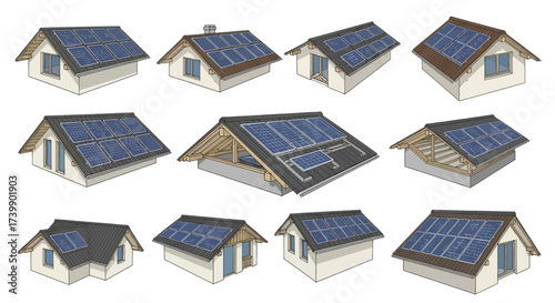 Set of illustrated residential houses with solar panels.