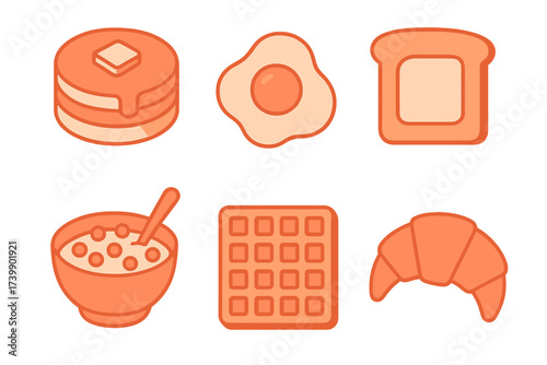 Isometric breakfast food icons set including pancakes, fried egg, toast, waffle, cereal, and croissant