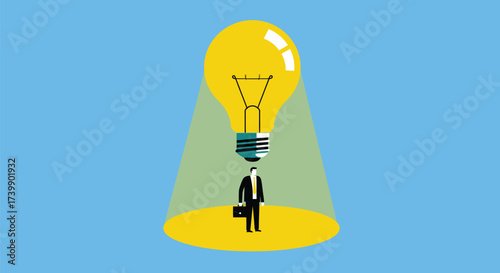 A businessman stands under a large, illuminated lightbulb, symbolizing a bright idea or innovation.
