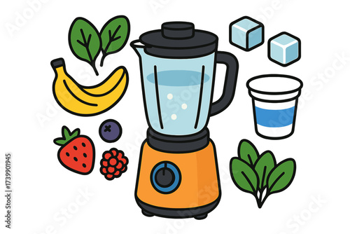 Electric kitchen blender preparing a nutritious smoothie with fresh fruits, leafy greens, and yogurt
