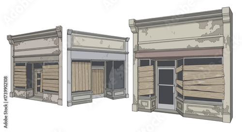 Set of three abandoned and boardedup storefront illustrations.