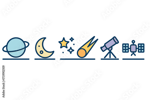 Colorful set of astronomy elements, planets, stars, and space exploration equipment